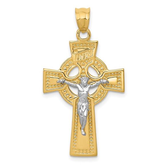 14k Two Tone Gold INRI Celtic Crucifix Pendant, 20 x 36mm - Picture 1 of 5